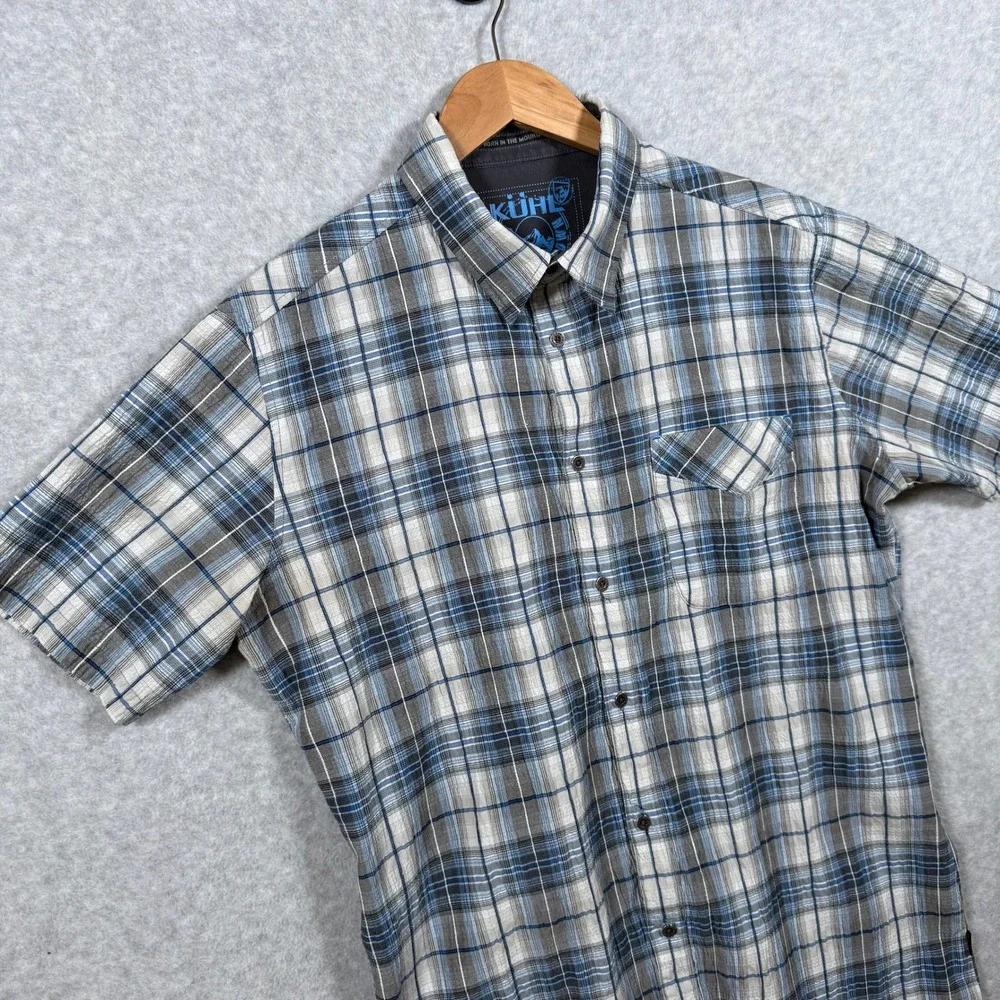 Kuhl Mens Large Blue Grey Plaid Short Sleeve Button Down Mountain Shirt Cotton - Picture 3 of 16